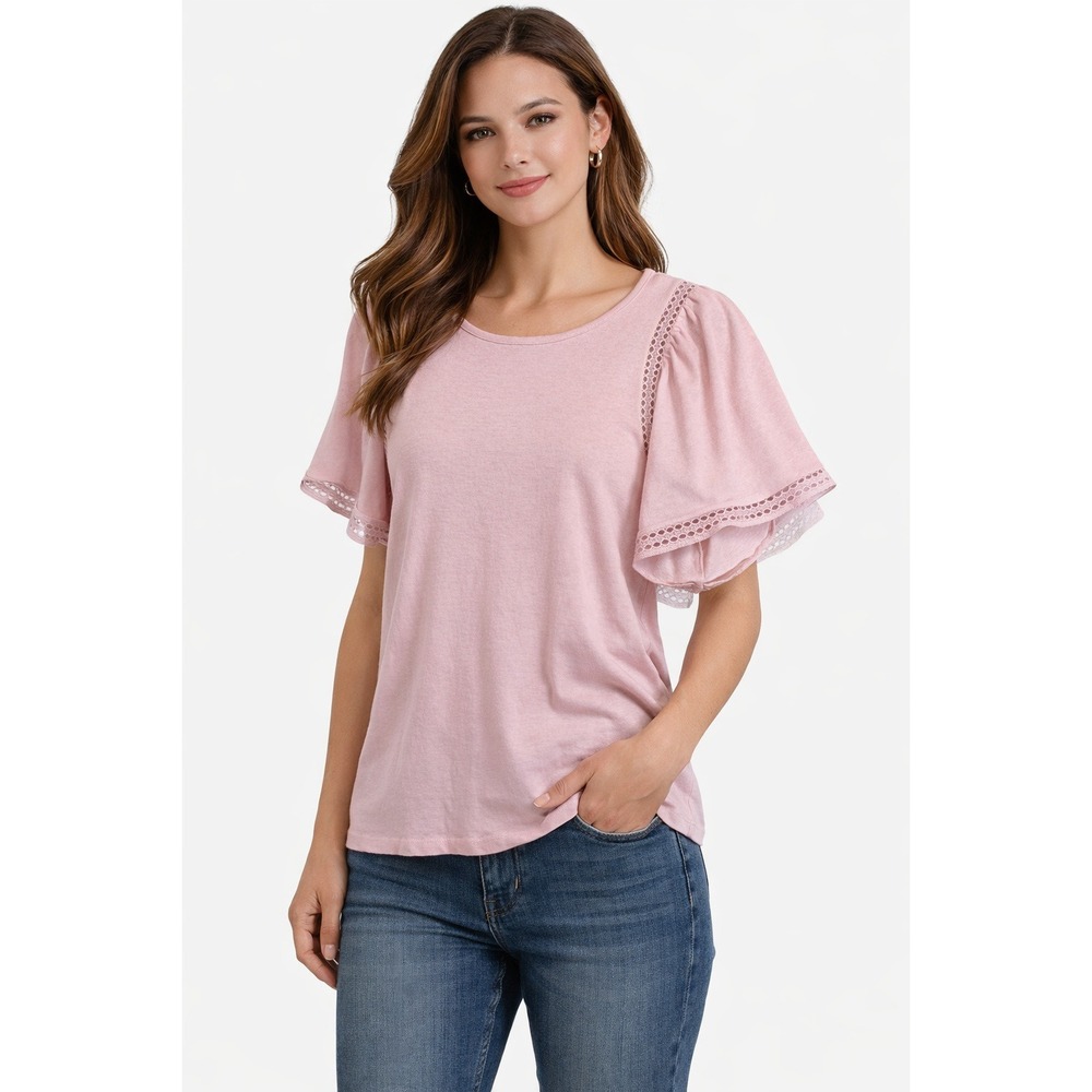 LOFT Women's Pink Lace Trim Flutter Sleeve Crew Neck T-Shirt Size‎ S